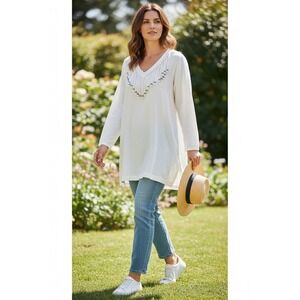 New Hero Women White 100% Cotton Beaded Fringe Boho Tunic Top Sz Medium VTG‎ USA